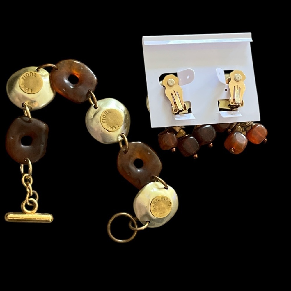 Vintage Matte Gold and Amber Colored Bracelet Clip OnEarrings Set by Lena Fiore